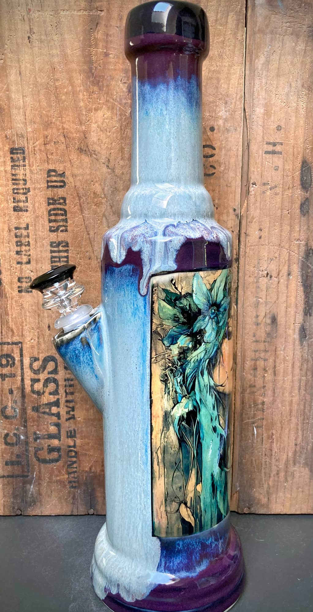 Art Nouveau Mother Nature Handmade Ceramic Bong with colorful glaze and intricate floral design
