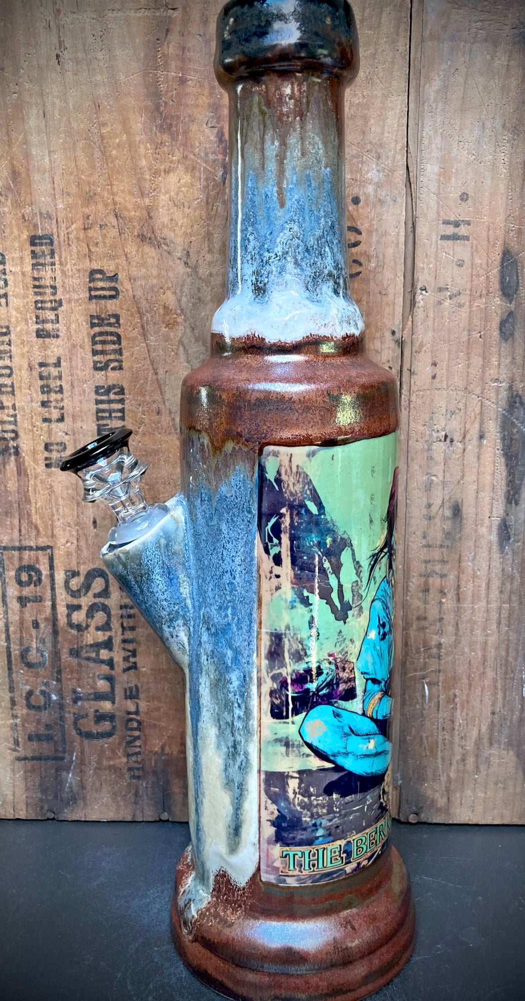 True Stories from Planet Earth Ceramic Bong hand glazed tall ceramic water pipe with comic art and colorful glazes