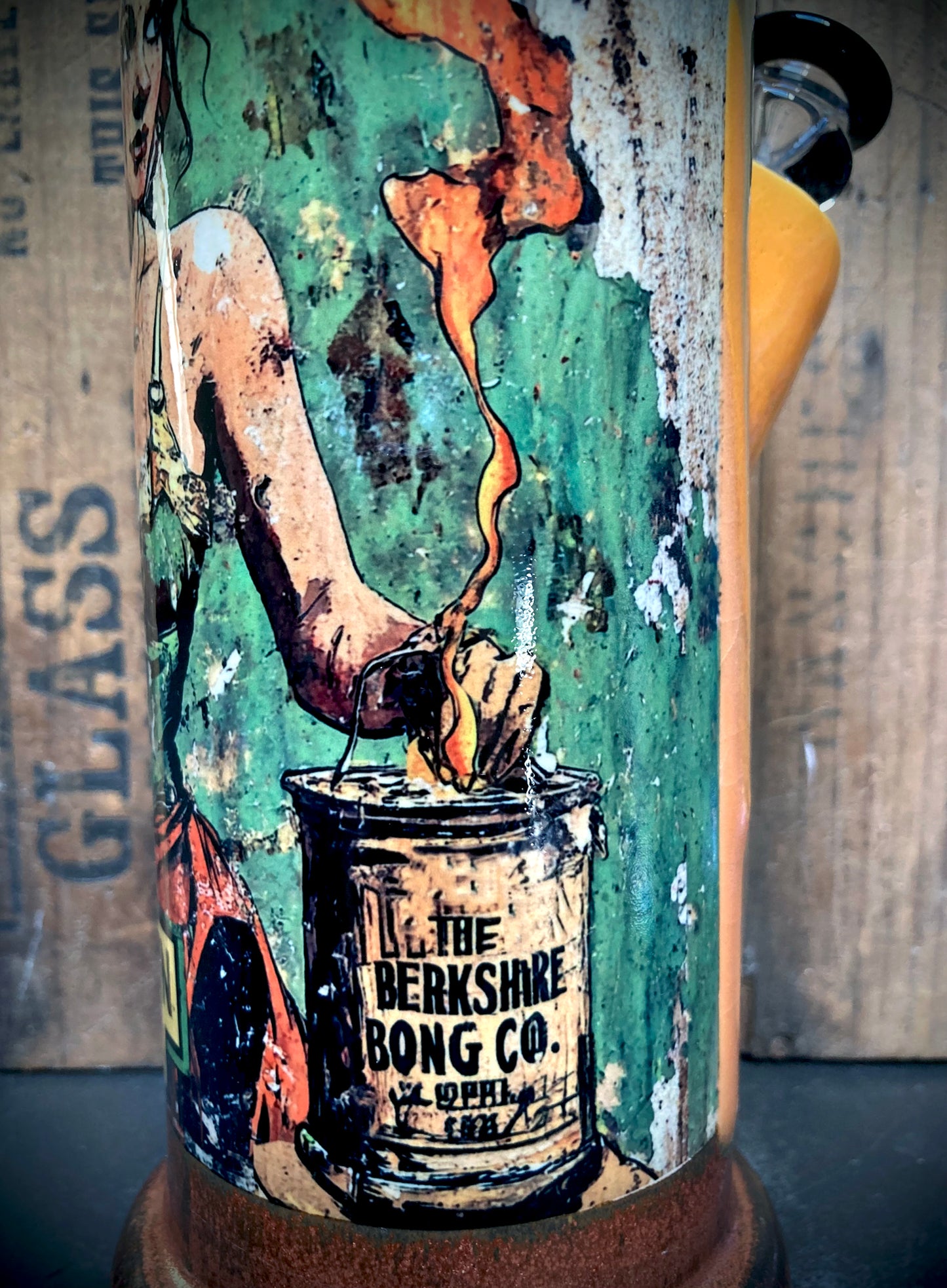 Ceramic bong featuring classic comic book style woman and Home Grown Legend label.