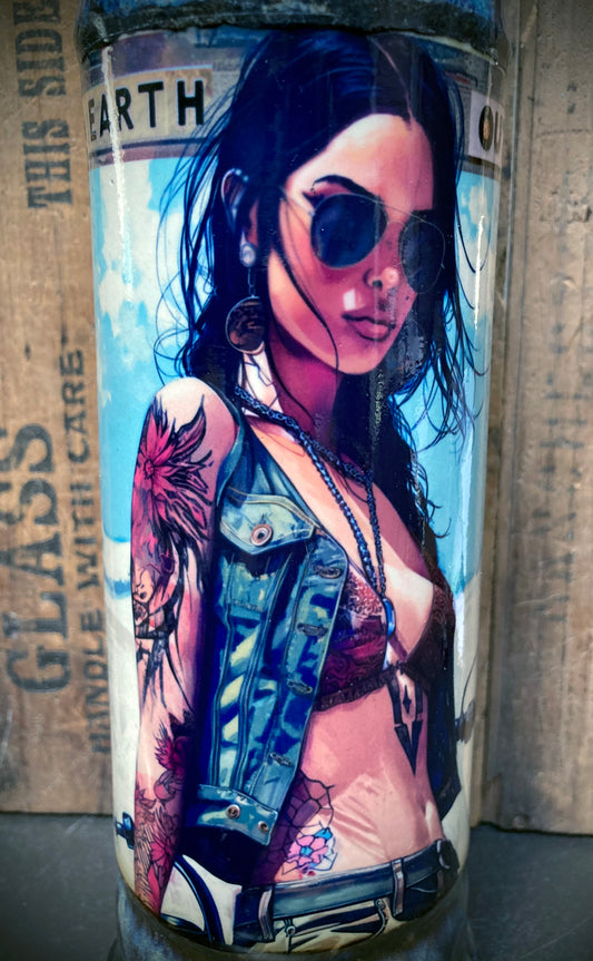 Badass Ceramic Bong New Earth Outlaw Woman featuring vibrant artwork of a tattooed woman with sunglasses