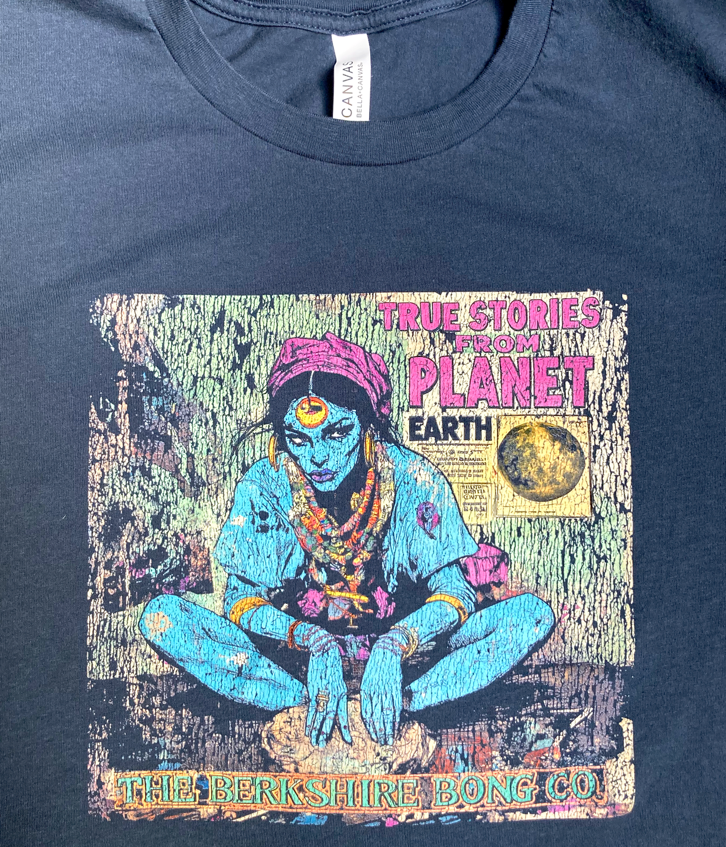 True Stories from Planet Earth Comic Vintage Navy T navy tee with comic blue skinned mystic and moon graphic