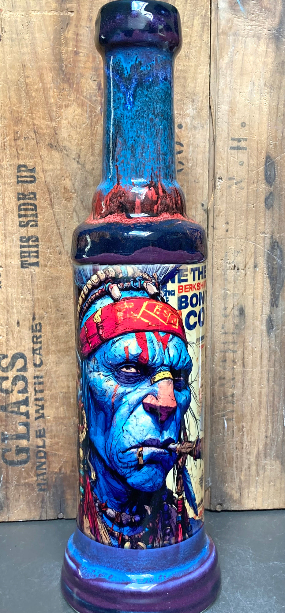 Chief Savage Ceramic Bong Wild Blue Warrior tall hand painted ceramic bong featuring blue warrior face and red headband