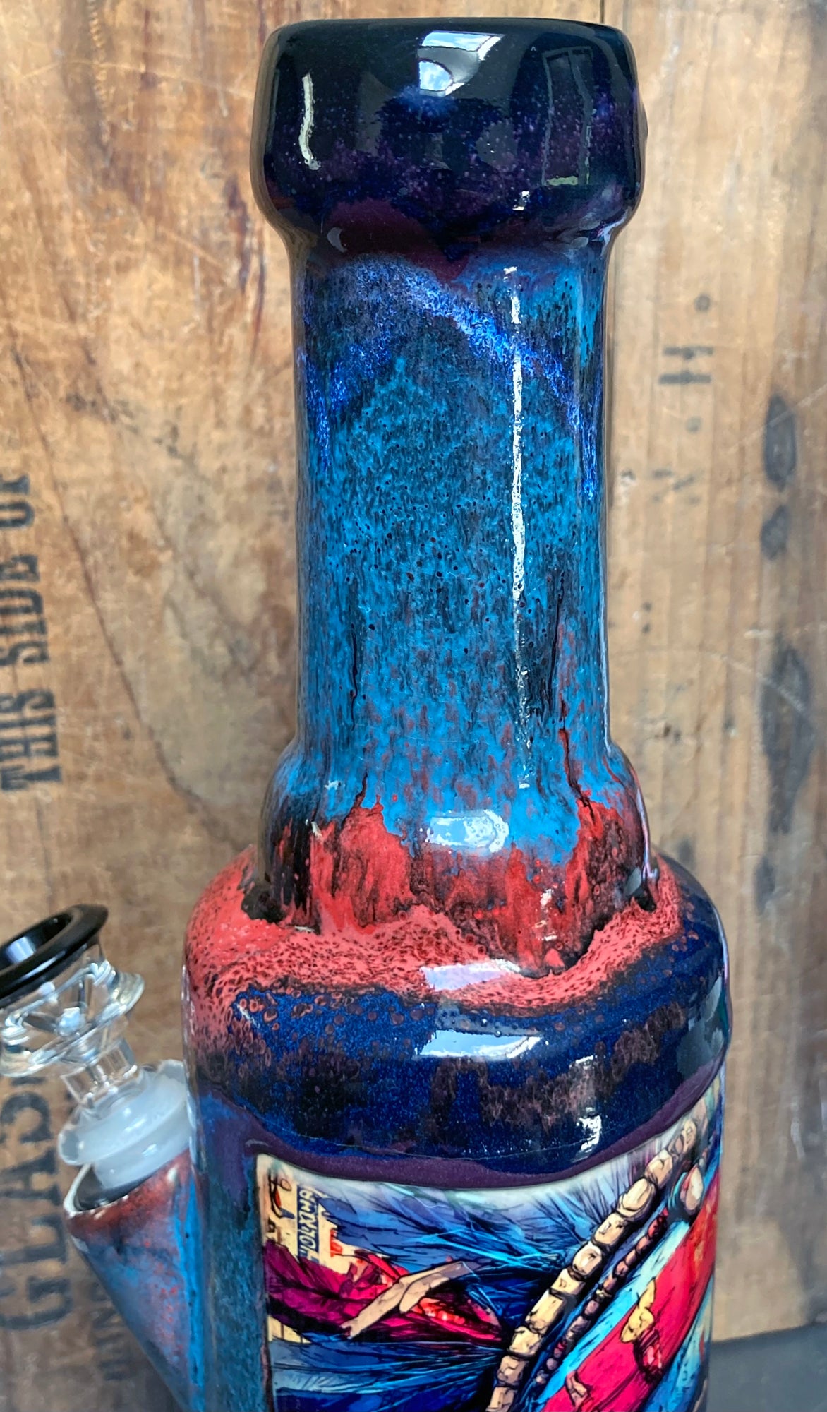 Chief Savage Ceramic Bong Wild Blue Warrior ceramic bong with blue and red glaze and warrior graphic by Berkshire Bong Company