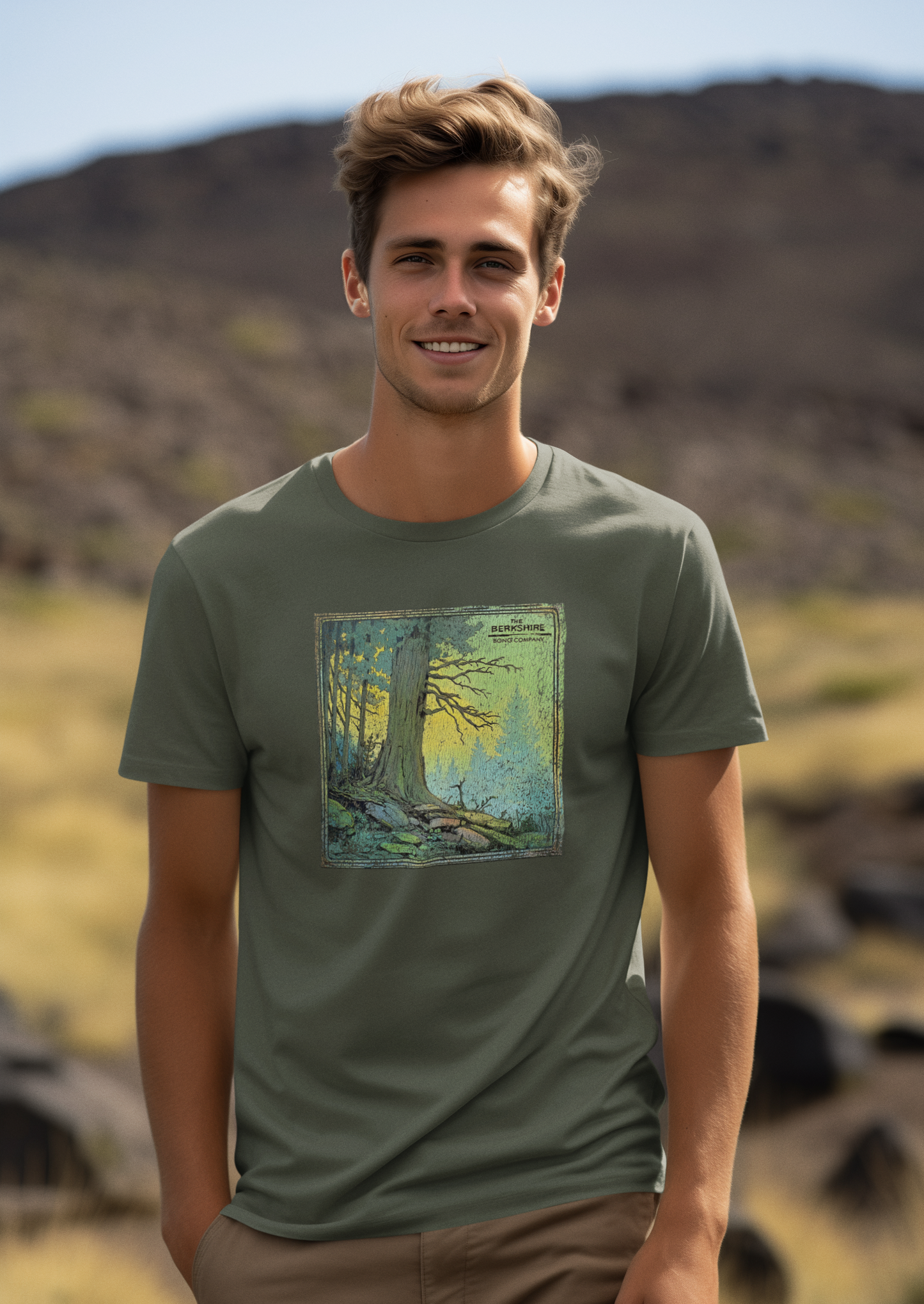 Berkshire Bong Co tee featuring ancient tree in golden forest sunrise