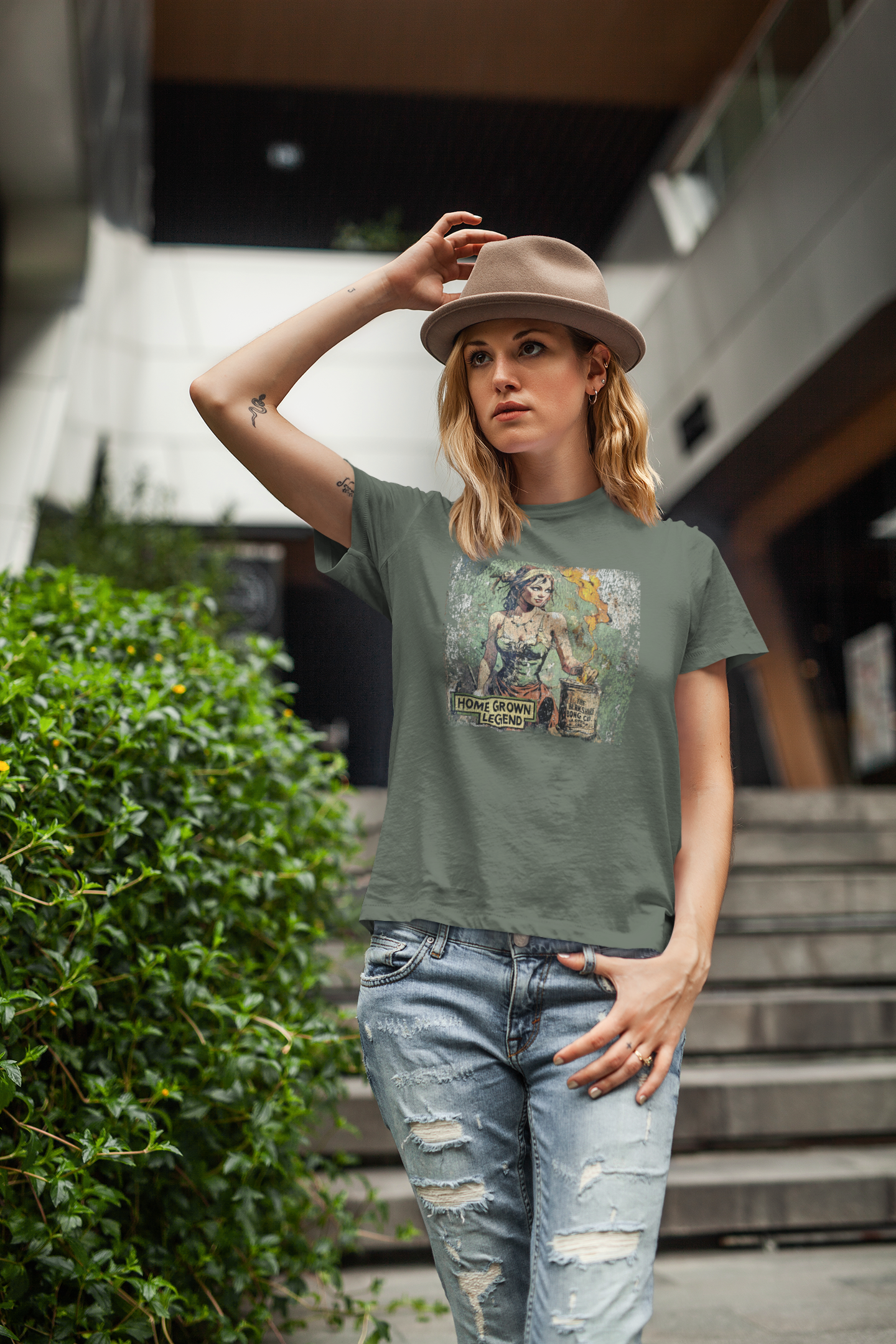 Vintage Berkshire Bong Co tee in military green with classic beauty holding torch