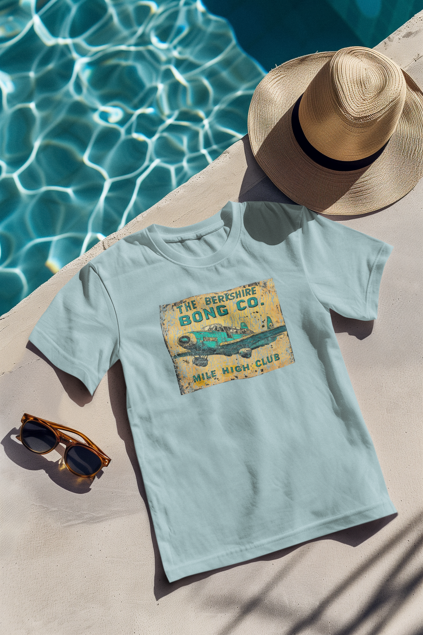 Berkshire Bong Co Mile High Club shirt with retro comic-style airplane art