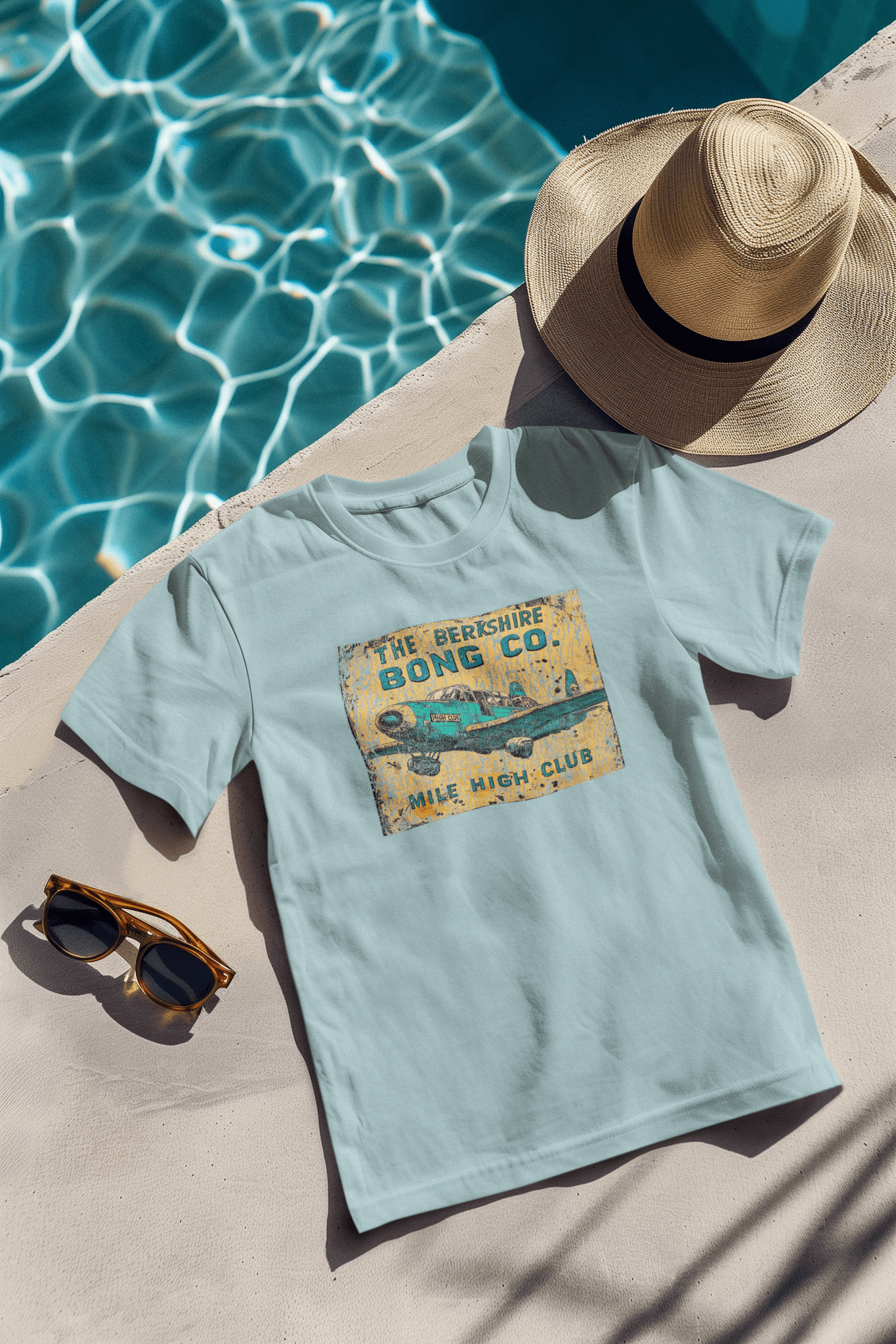 Berkshire Bong Co Mile High Club shirt with retro comic-style airplane art