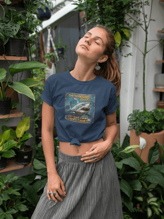 Vintage navy t-shirt with fierce great white shark and cracked payday loans sign