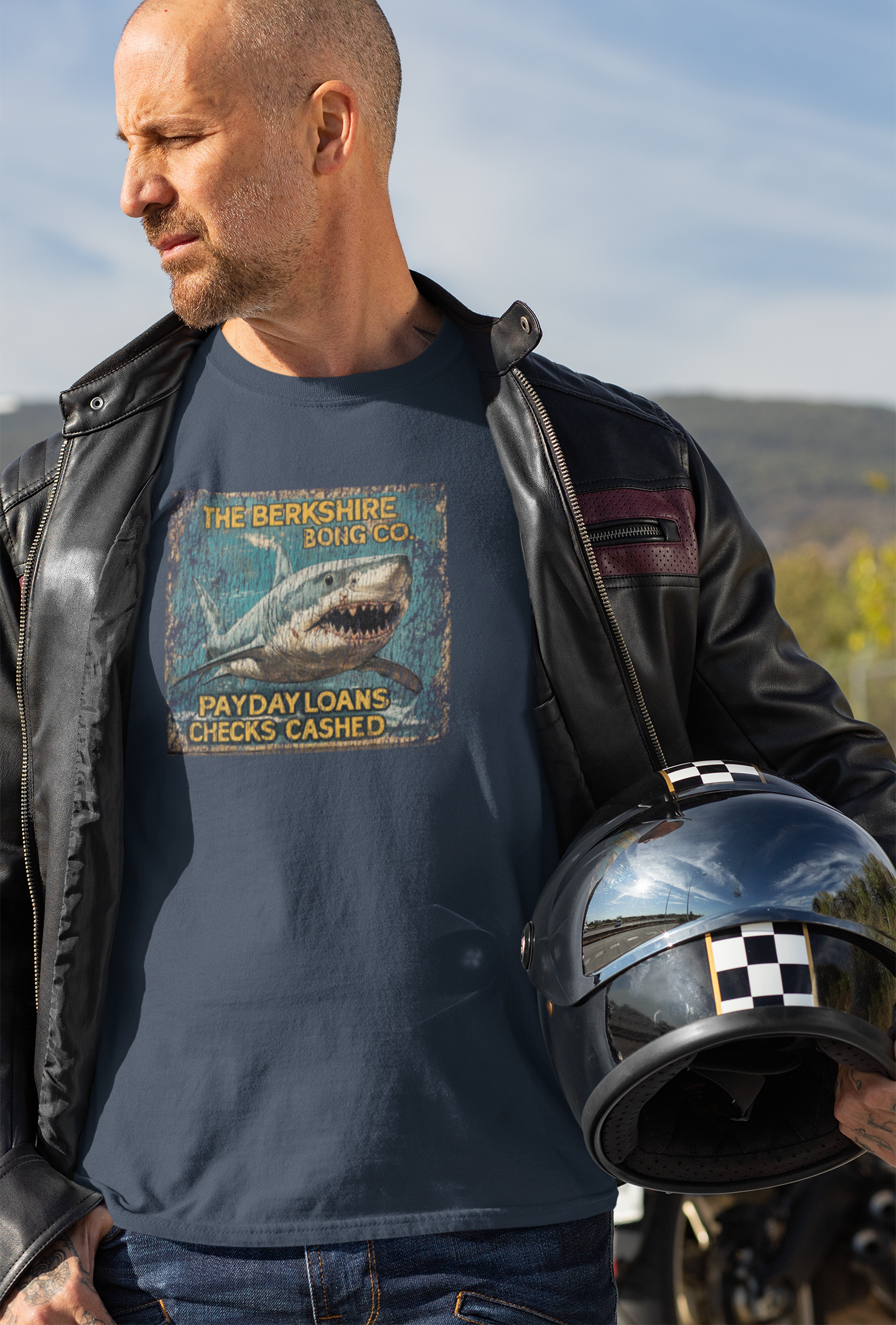 Distressed shark graphic tee with retro payday loans checks cashed lettering