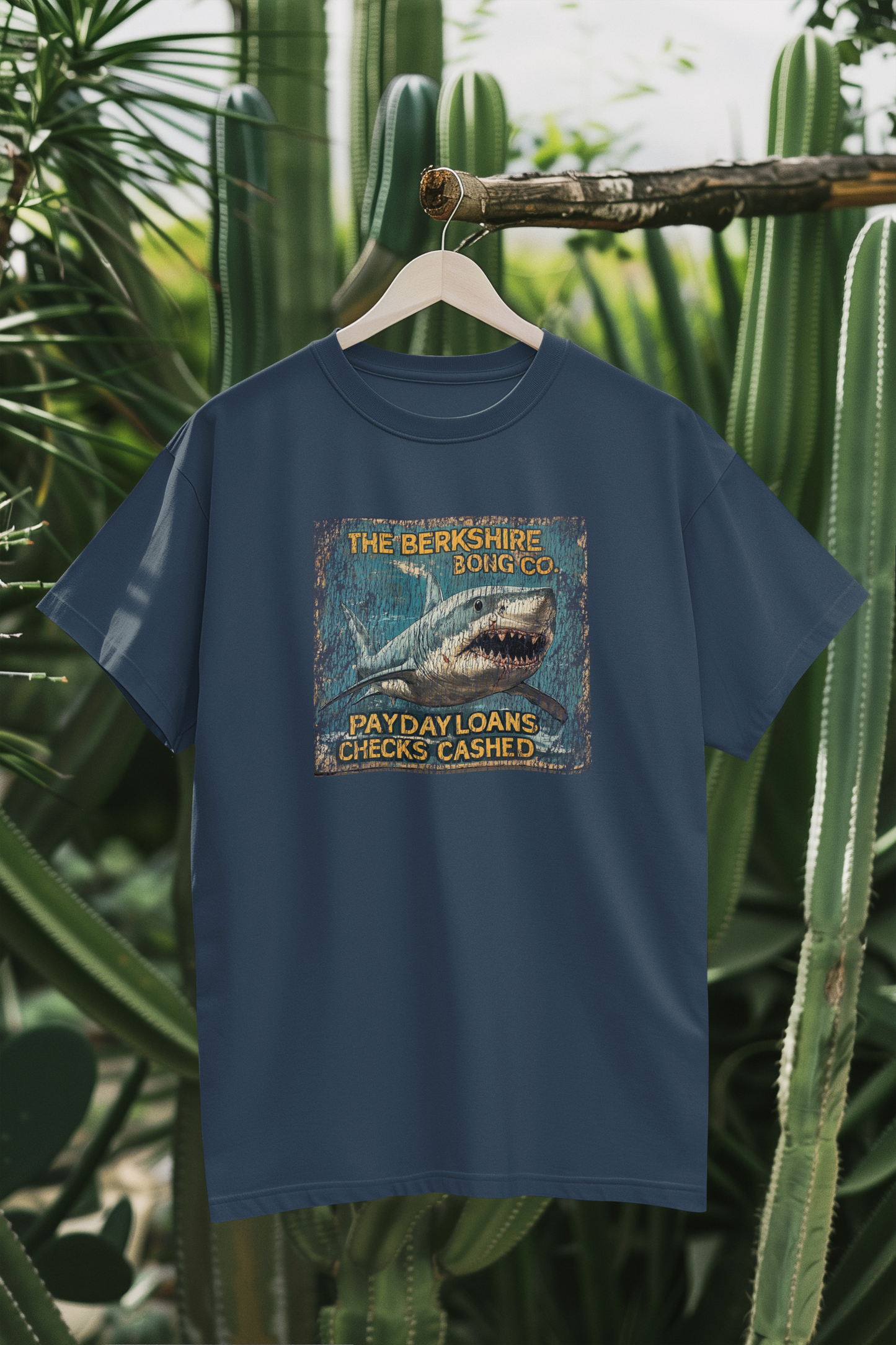 Berkshire Bong Co navy shirt featuring weathered great white shark art