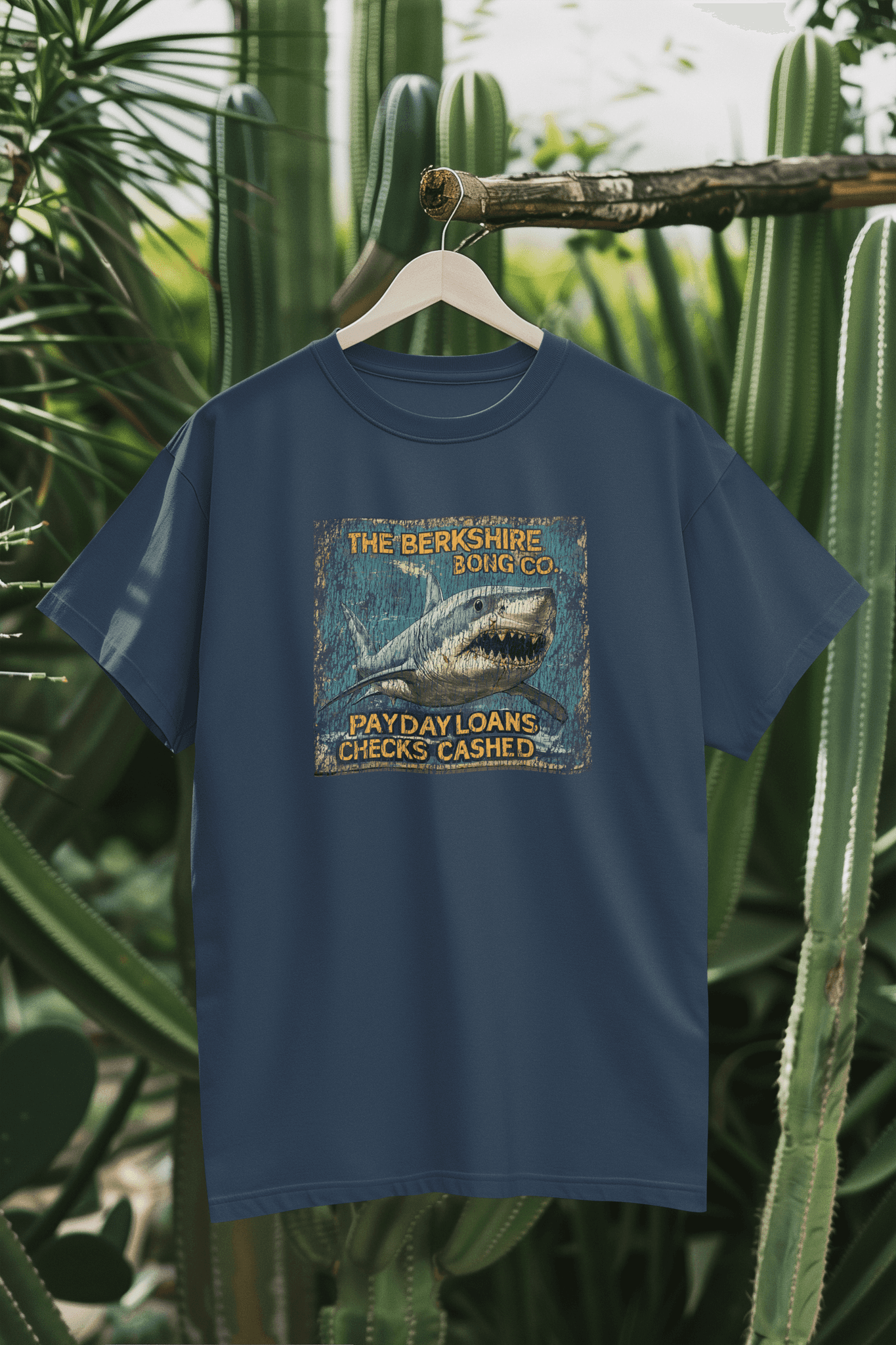 Berkshire Bong Co navy shirt featuring weathered great white shark art