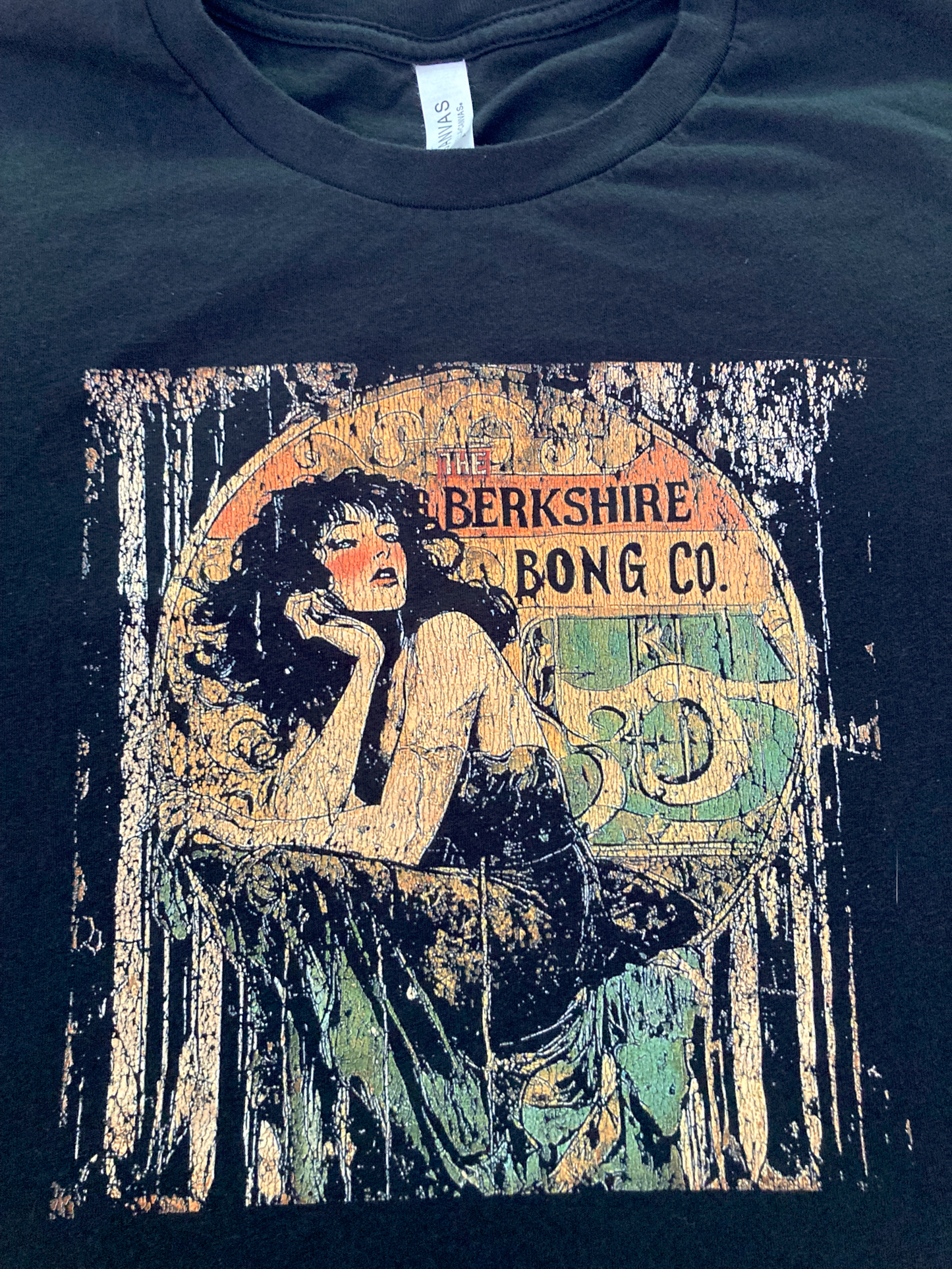 Berkshire Bong Co black tee with pinup woman and distressed logo Vintage Art Deco Inspired TShirt Distressed 1920s Design