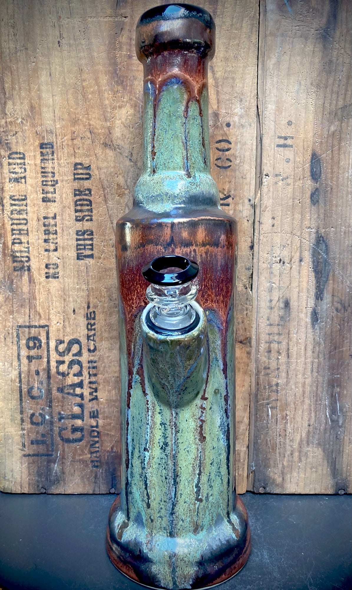 Nature Lover Ceramic Water Pipe Forest Turtle Bong handcrafted glazed ceramic bong with glass bowl on rustic wood crate background