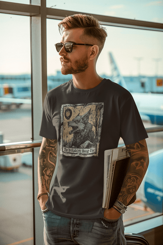 Man wearing a Berkshire Bong Company Big Bad Wolf Graphic Tee standing at an airport with sunglasses and tattoos