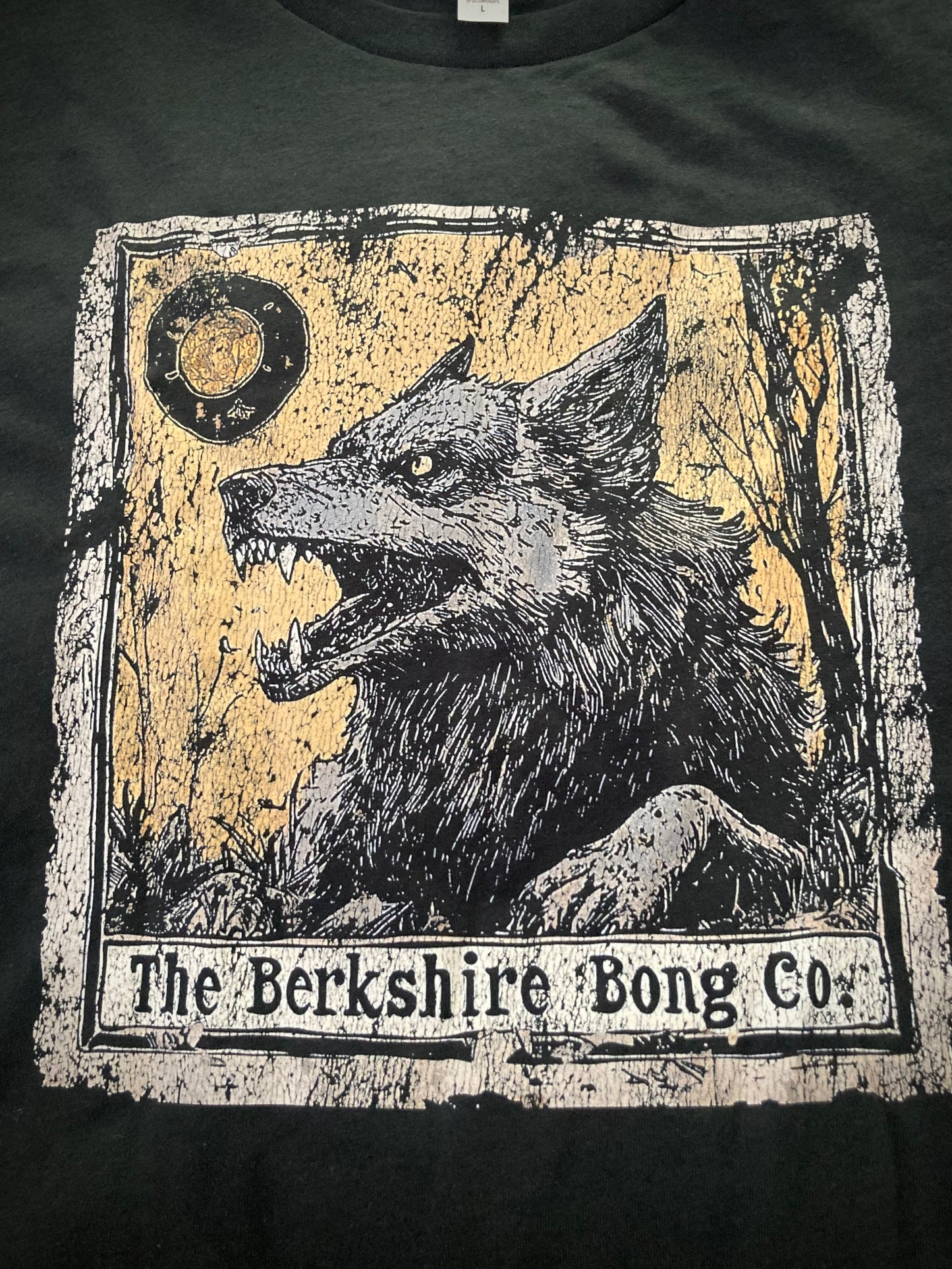 Berkshire Bong Company Big Bad Wolf Graphic Tee featuring a detailed wolf illustration on a black shirt