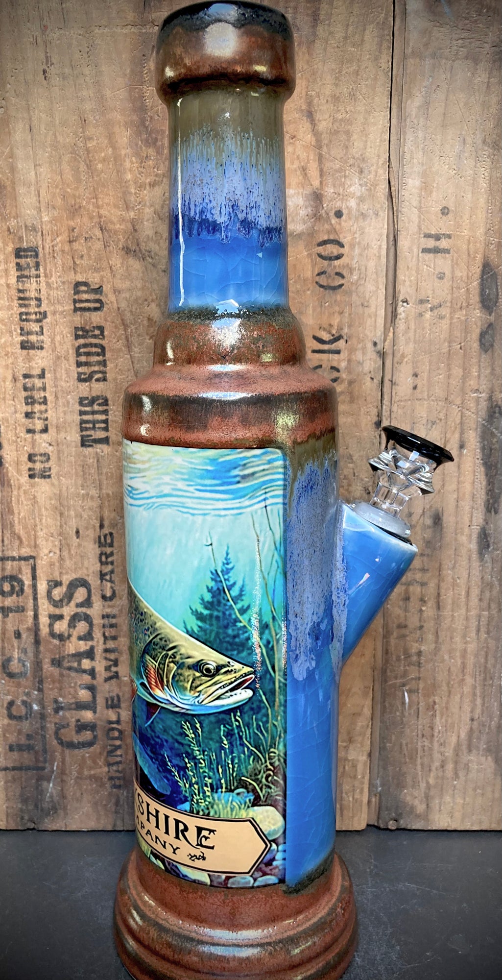 Extreme blue glaze bong with detailed brook trout artwork
