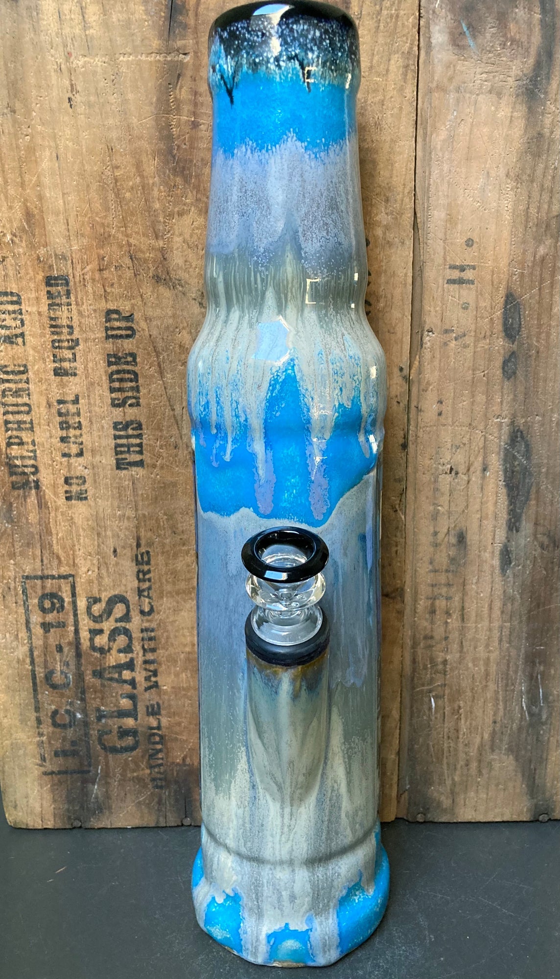 Berkshire Bong Company Ceramic Bong Ocean Loan Shark Payday Loans with a unique blue and grey design
