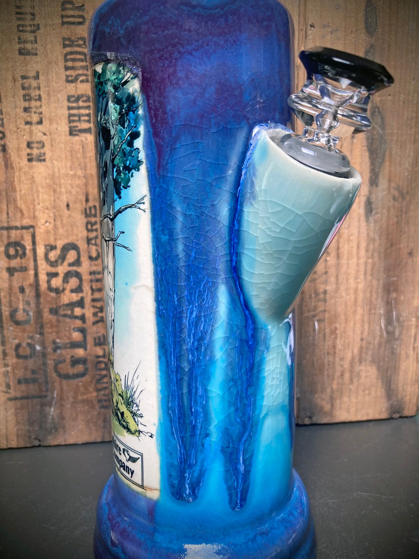Nature lovers bong with Grandfather Oak art and Berkshire Bong Company label.