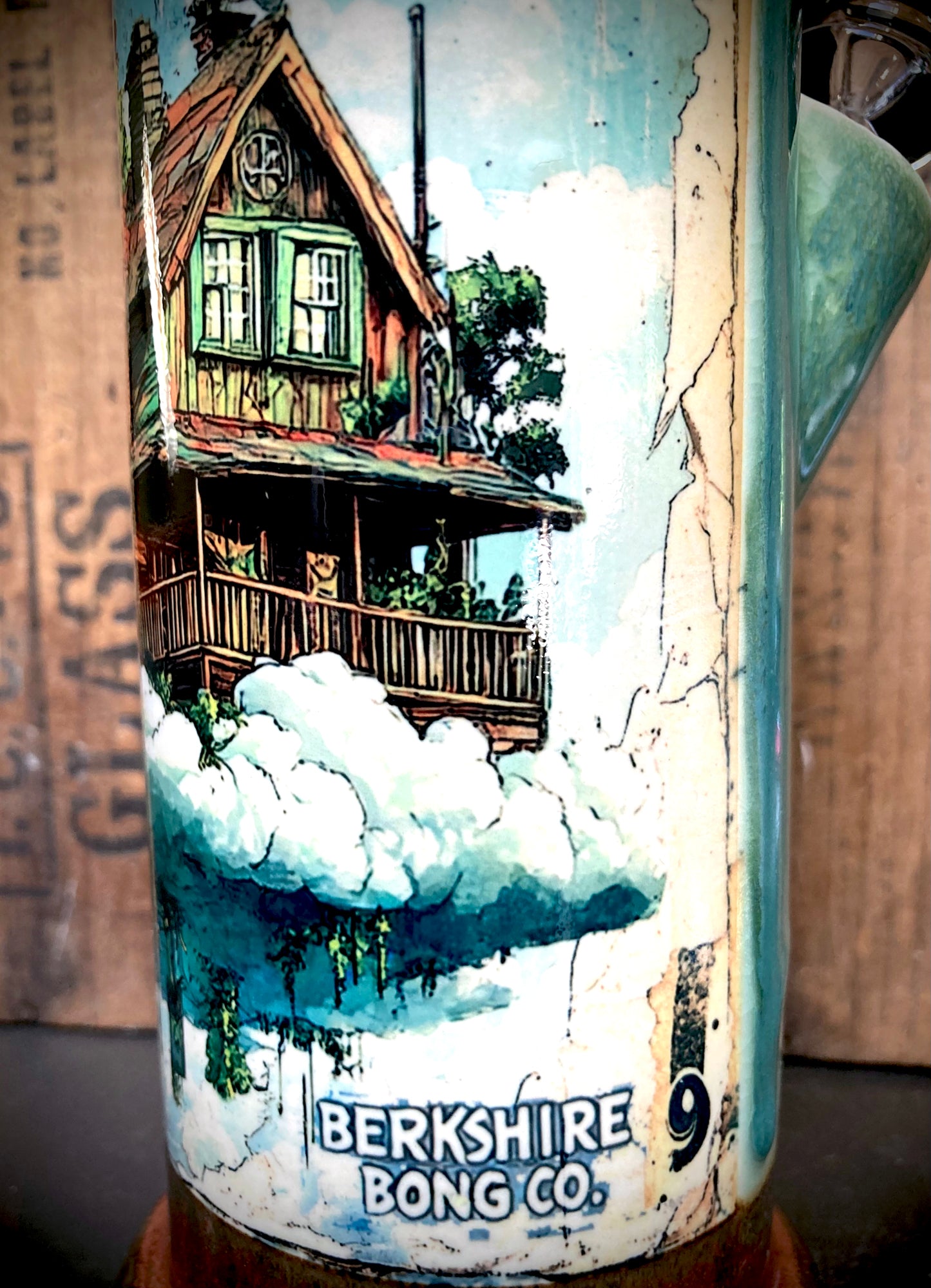 handcrafted water pipe with cloud nine house design and turquoise drip