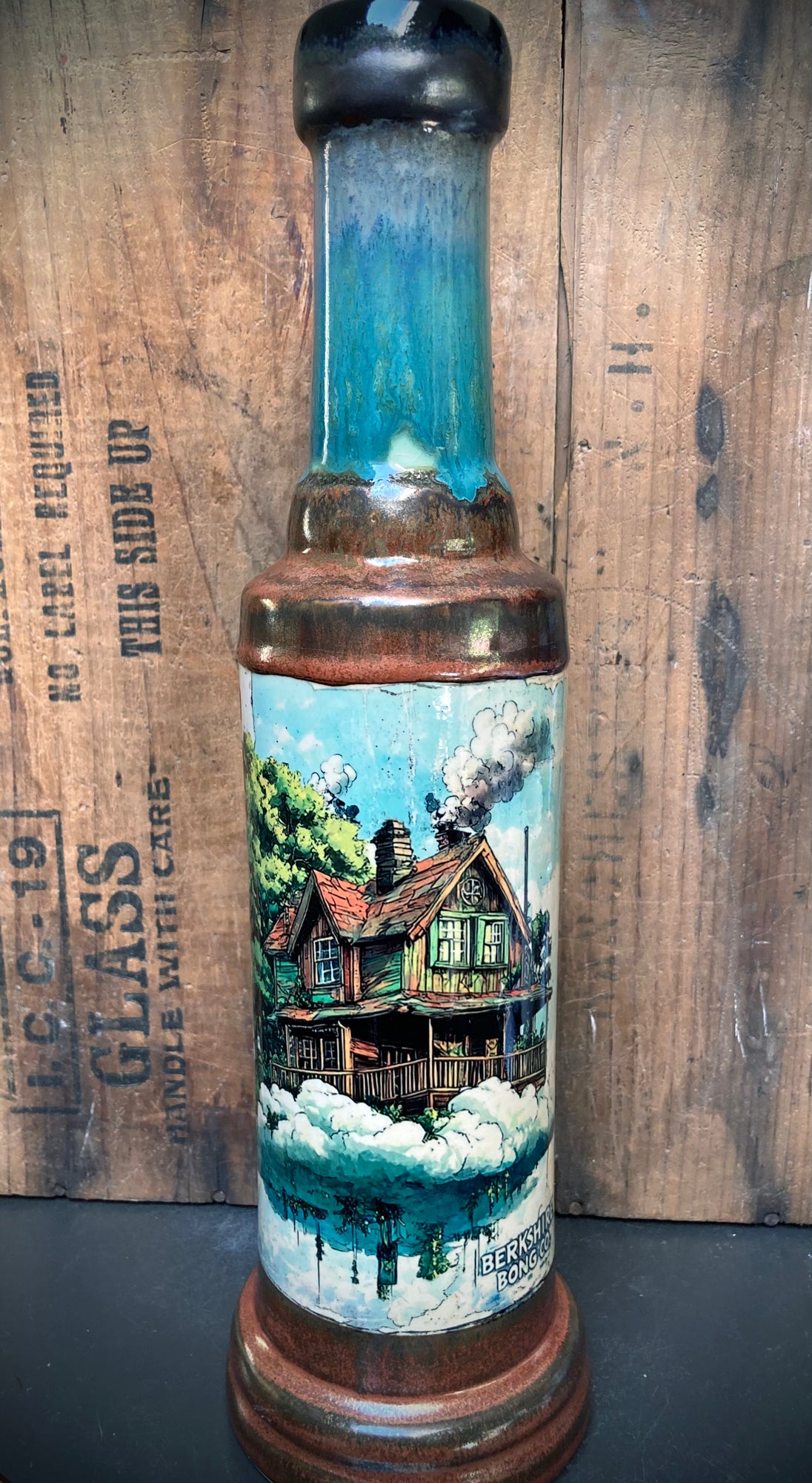 turquoise glossy drip glaze and antiqued metallic copper ceramic bong
