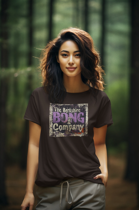 Distressed Graffiti Logo T-Shirt Vintage Street Art Style Tee in Dark Brown. woman wearing Berkshire Bong Company tee in forest