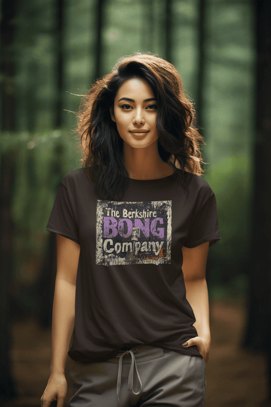 Distressed Graffiti Logo T-Shirt Vintage Street Art Style Tee in Dark Brown. woman wearing Berkshire Bong Company tee in forest