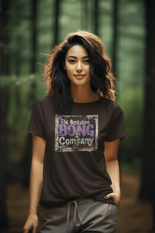 Distressed Graffiti Logo T-Shirt Vintage Street Art Style Tee in Dark Brown. woman wearing Berkshire Bong Company tee in forest