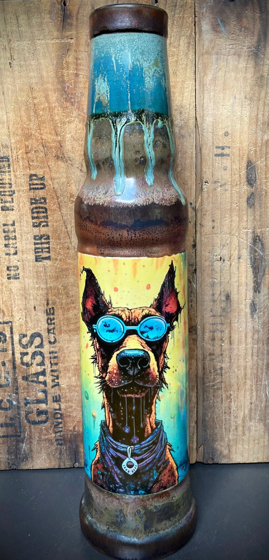 Brilliant Idea ceramic bong — cool dog with round blue sunglasses on vibrant yellow painted stoneware