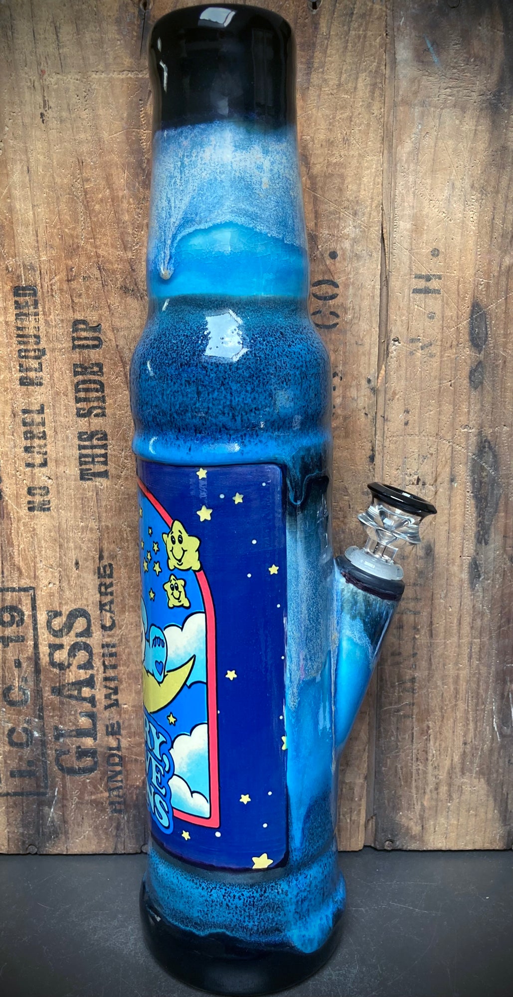 Berkshire Bong Company Blue Ceramic Bong featuring Care Bear design with glossy ceramic glazes