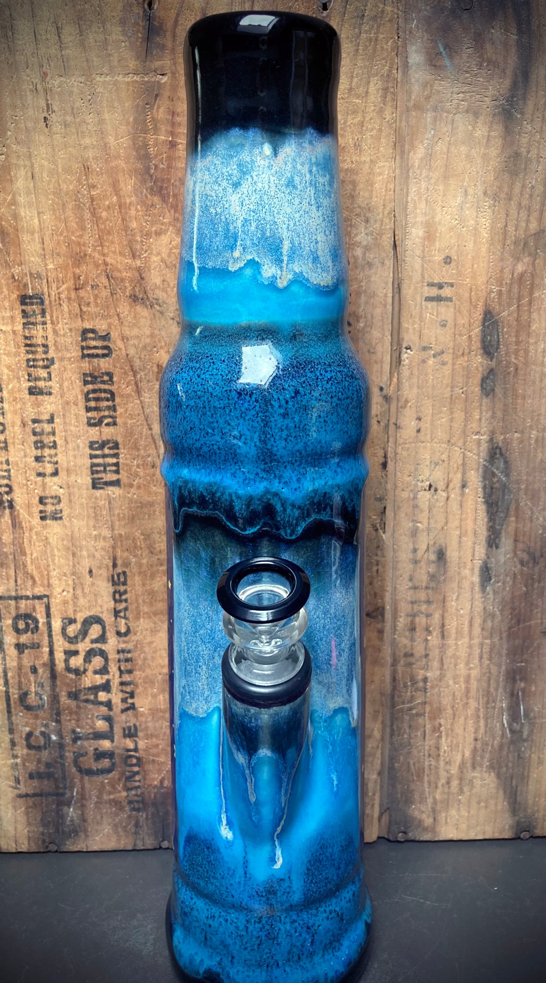 Berkshire Bong Company Ceramic Bong Care Bear Blue Ceramic Glazes with a unique blue design and glass insert