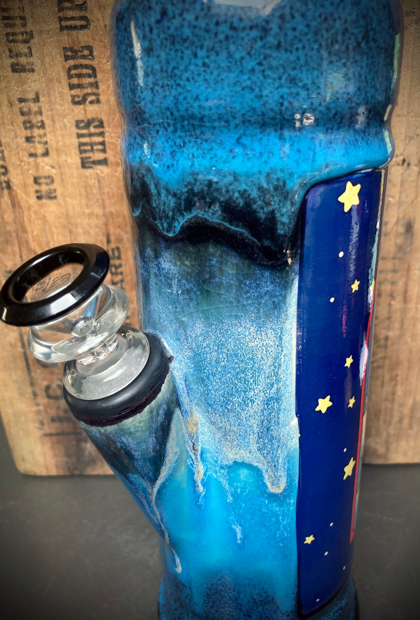 Ceramic Bong Care Bear Blue Ceramic Glazes with a shiny finish and star design accents