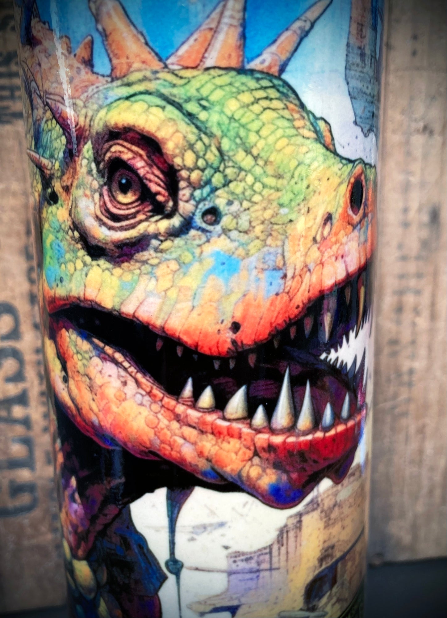Prehistoric dinosaur scene on ceramic bong with bright lava-colored glaze.