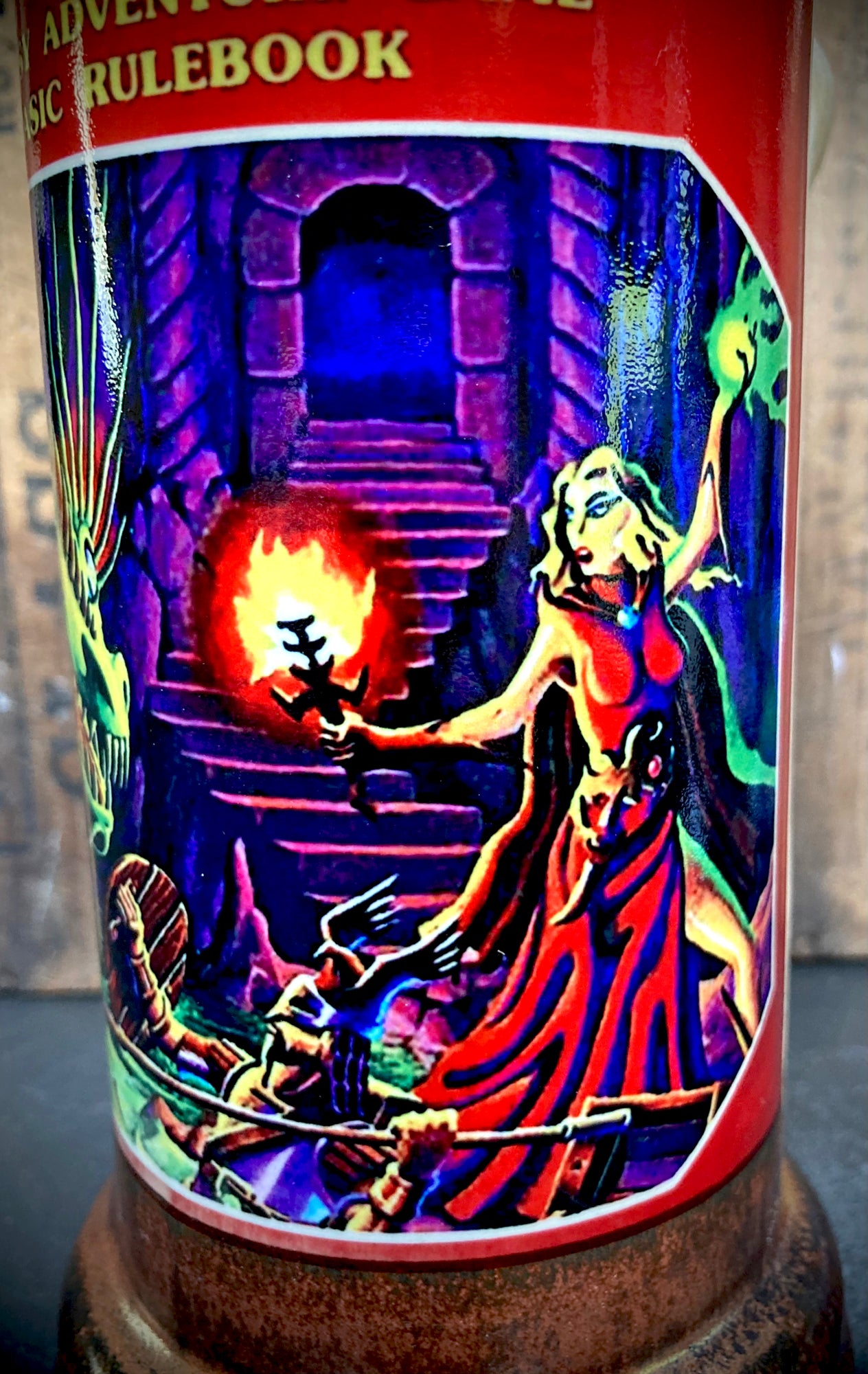 Handmade Ceramic Bong Dungeons Dragons First Edition Rulebook style ceramic bong with colorful wizard casting fire on stairs