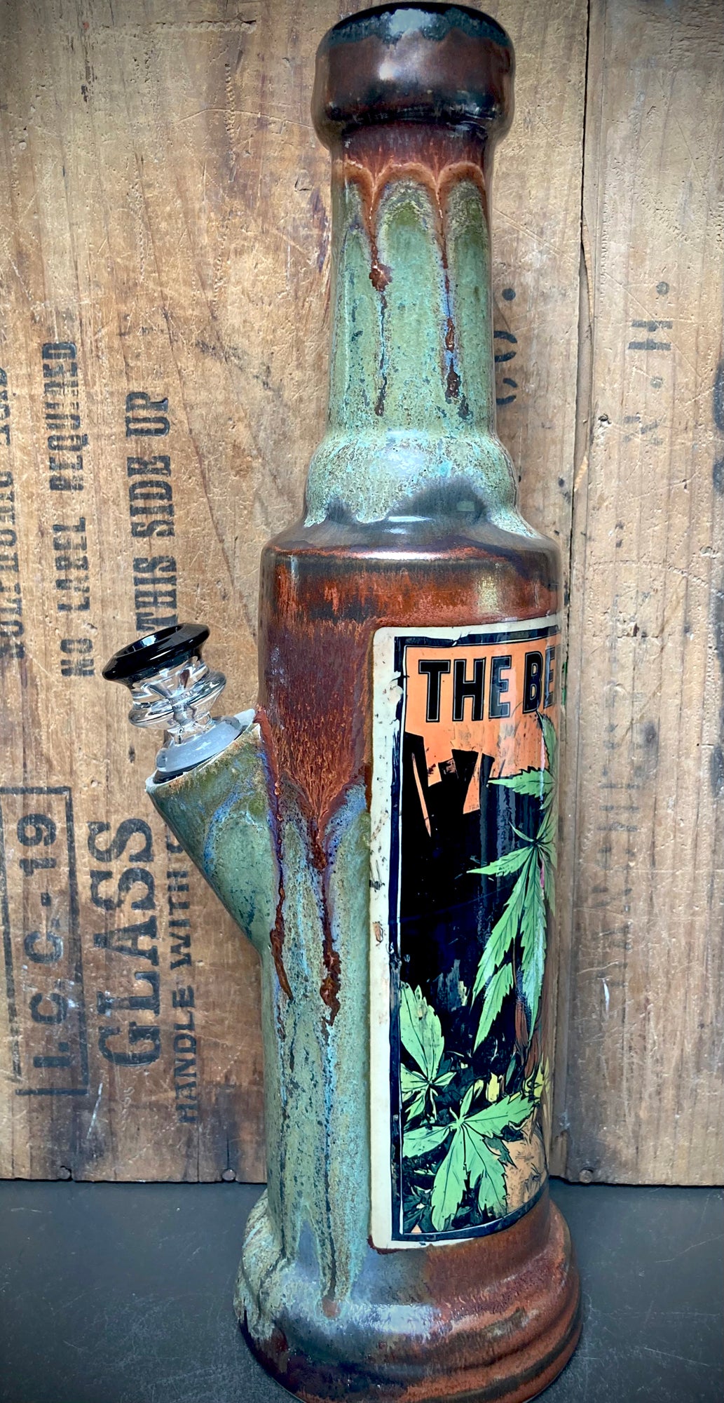 Unique ceramic bong, athletic woman with headband, mossy glaze, copper accents