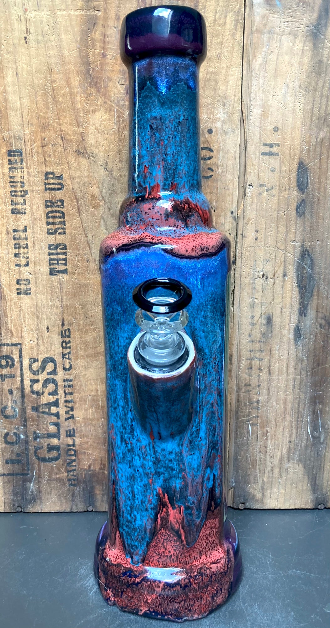 Berkshire Bong Company tall blue and red glazed ceramic bong with glass bowl The New Pyramids Ceramic Bong Mystical Energy