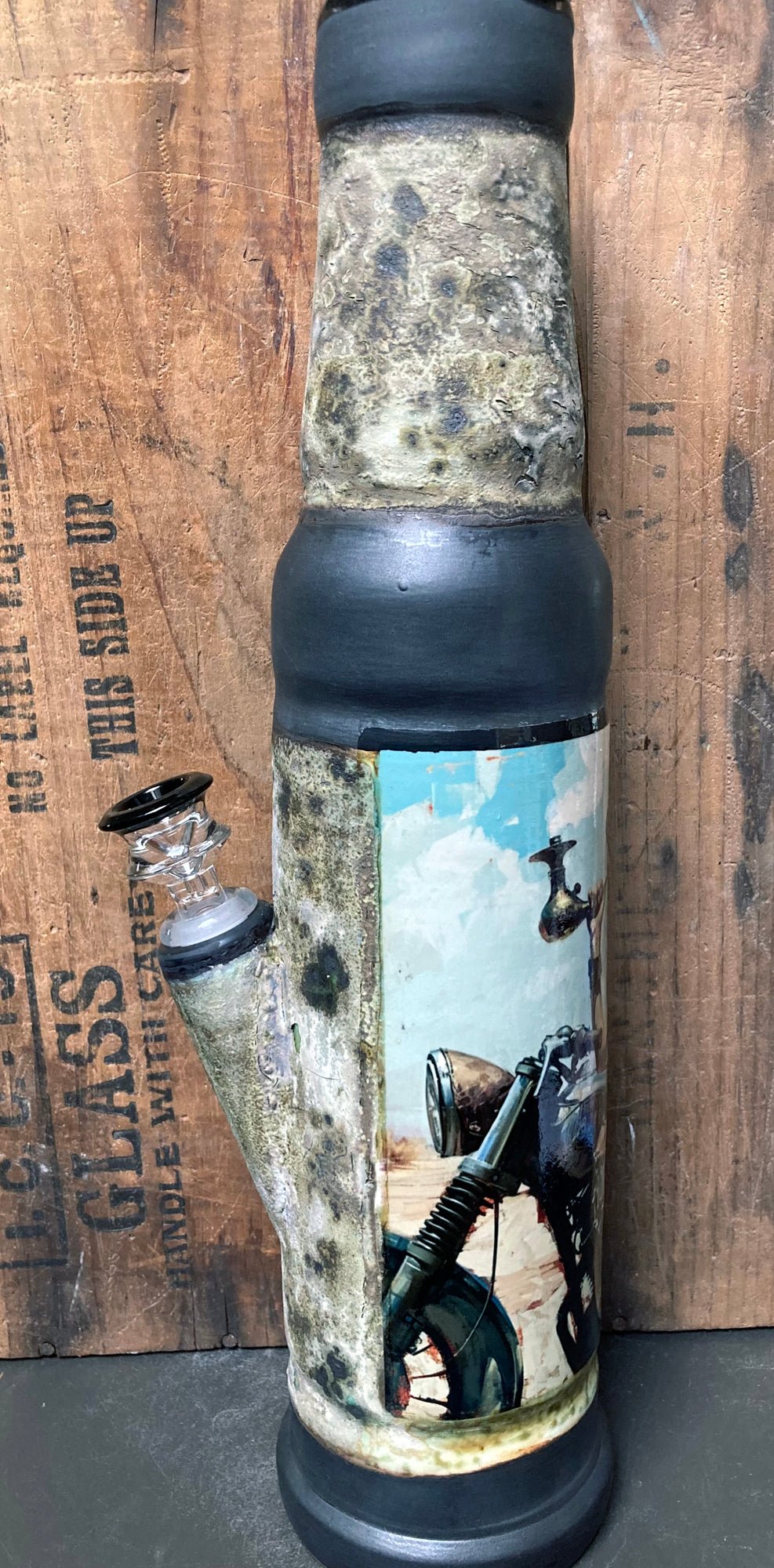 Ceramic Bong Outlaw Biker Woman On Motorcycle featuring a detailed biker graphic for enthusiasts