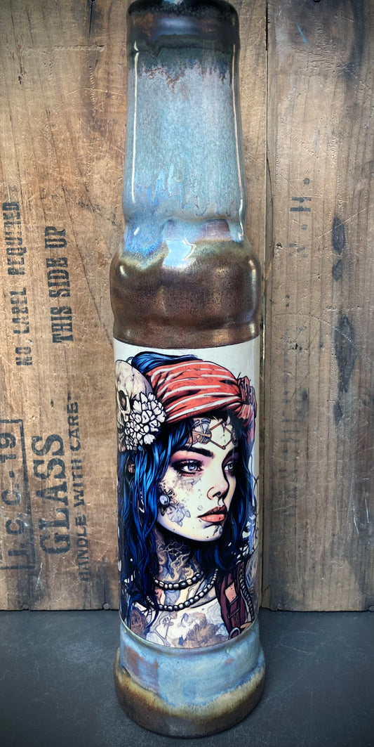 Ceramic Bong Pirate Woman Skull Tattoo featuring vibrant colors and intricate tattoo design