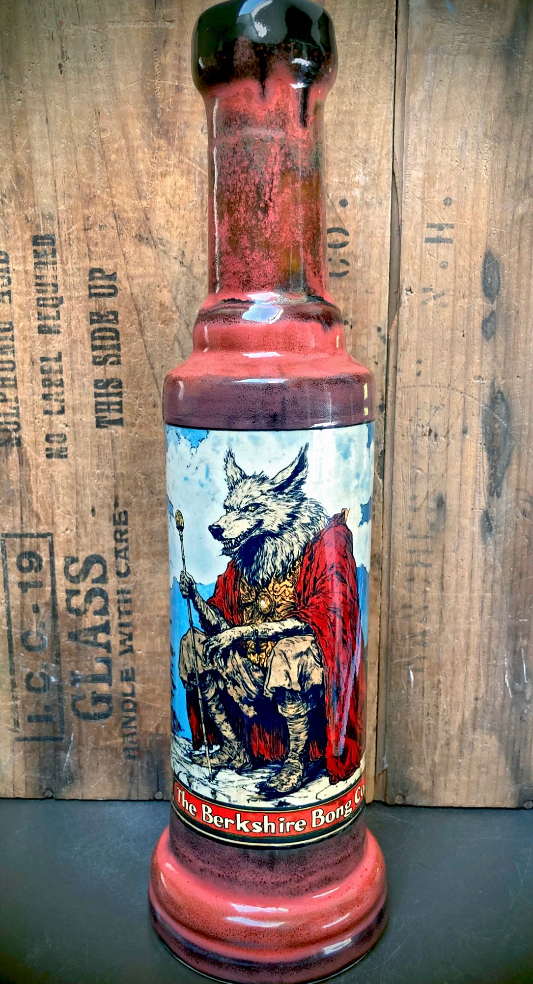 Berkshire Bong Company's The Big Bad Wolf ceramic bong with colorful wolf design and red finish