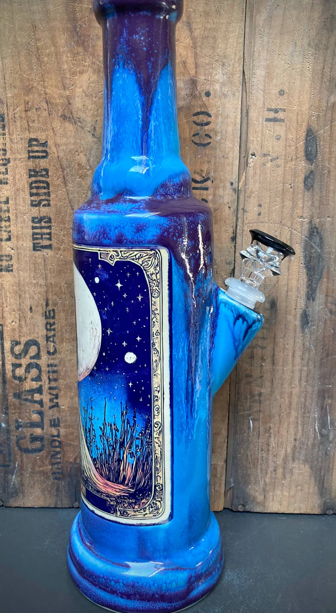 Ceramic Bong The Moon Tarot Card Design in Blue with Detailed Artwork and Unique Shape