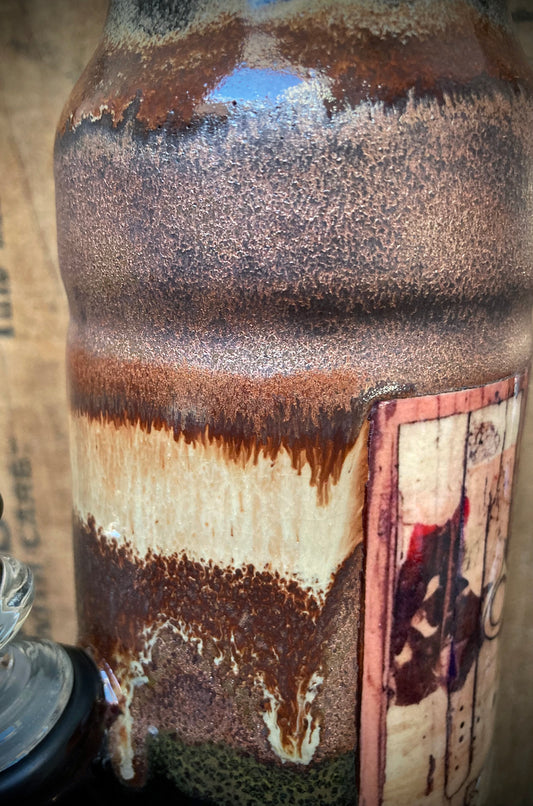 Ceramic bong featuring the Second Fox and a blue bird, finished in Amaco Ancient Copper glaze.