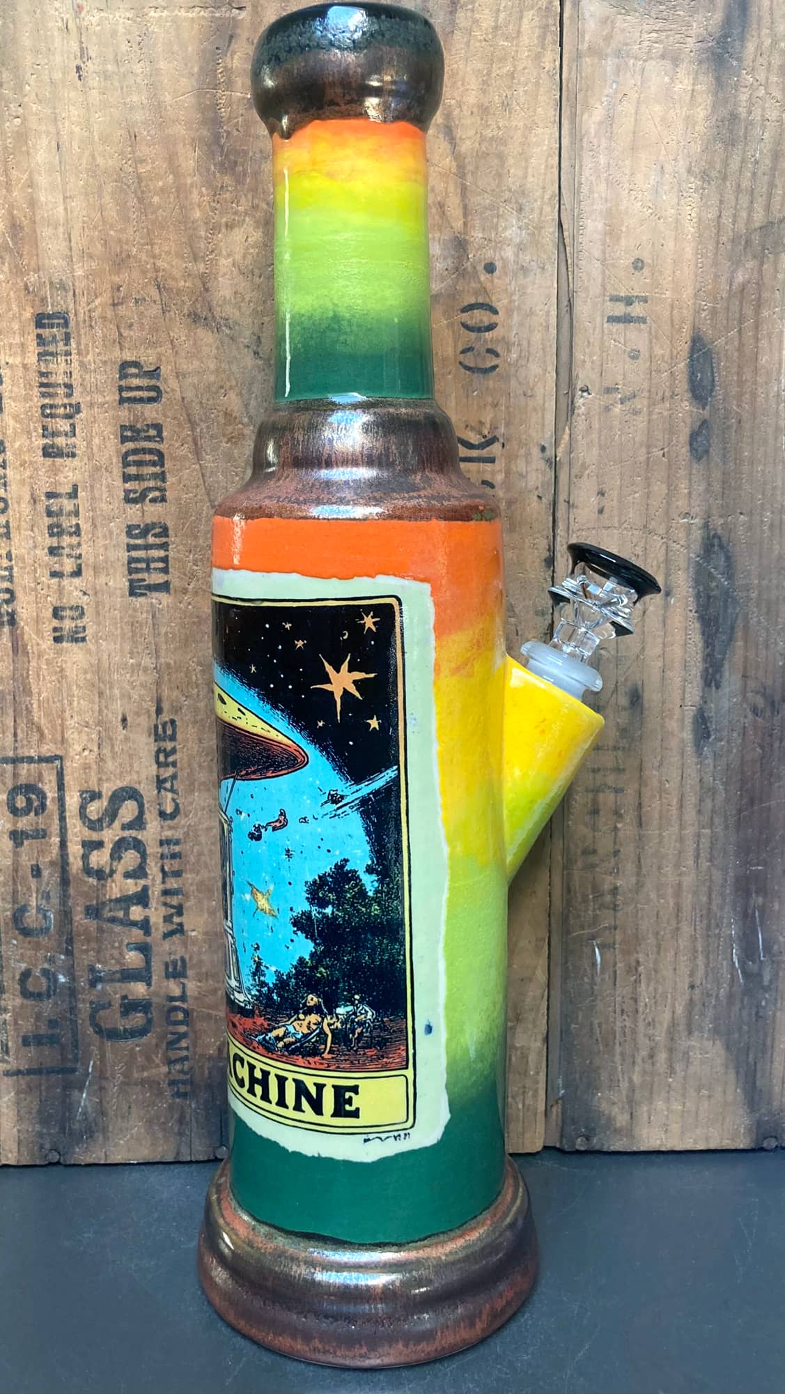 Berkshire Bong Company Ceramic Bong Time Machine Travel Sci Fi Design with Colorful UFO Illustrations