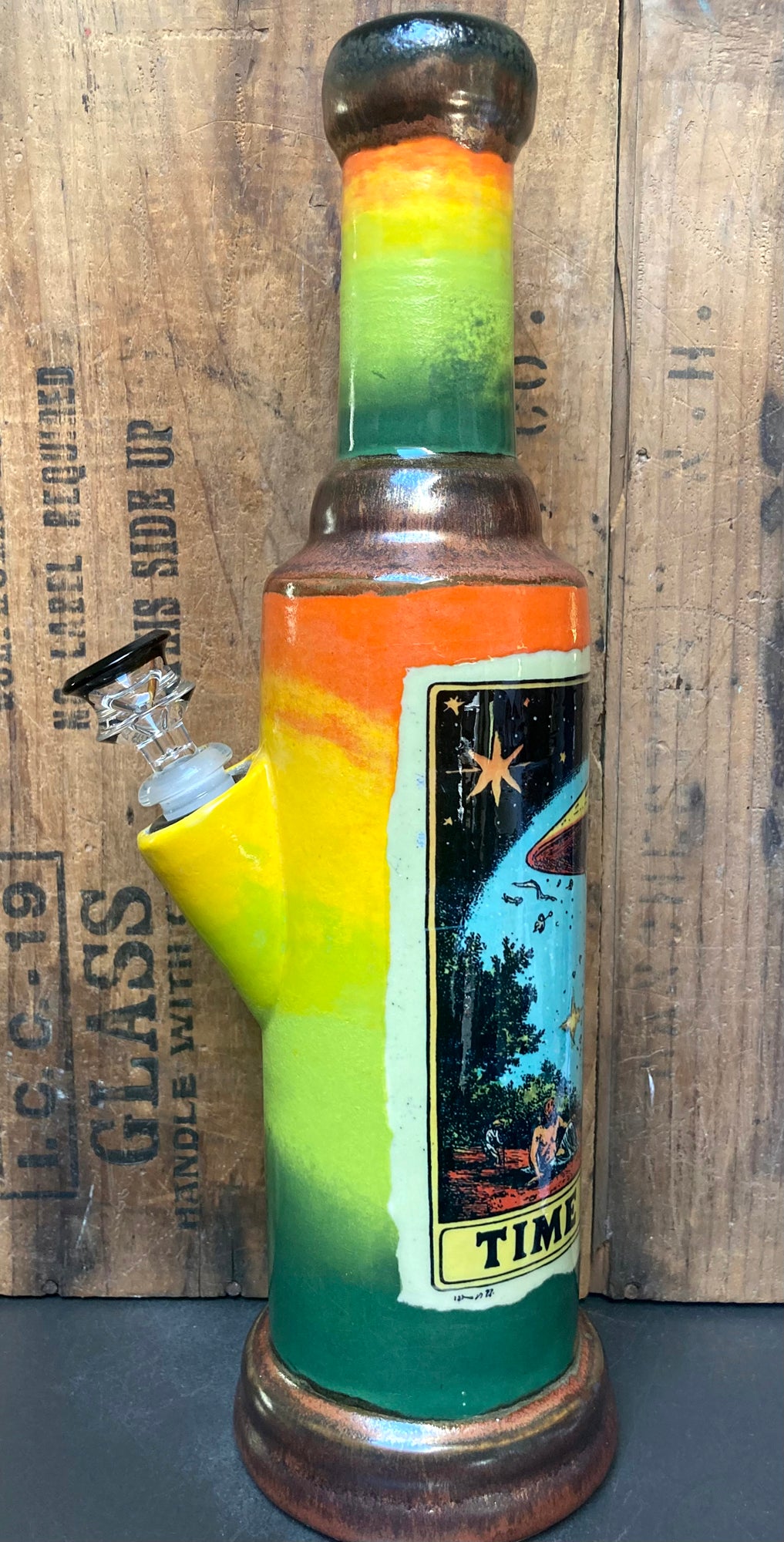Colorful ceramic bong time machine travel sci fi design with vibrant colors and intricate detailing
