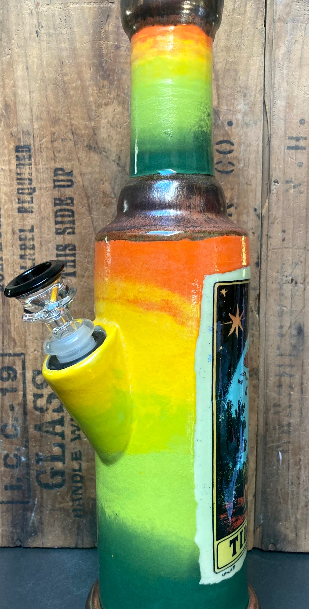 Berkshire Bong Company's ceramic bong time machine travel sci fi design with vibrant colors