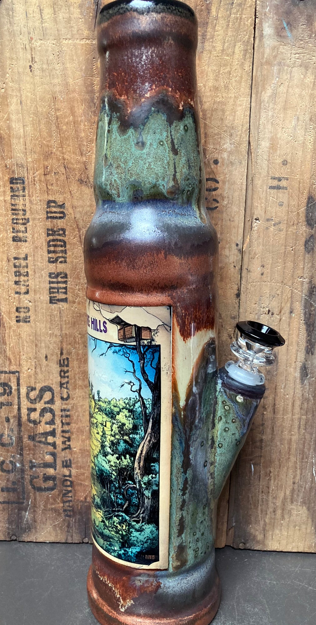 Ceramic Bong With Mystical Berkshire Hills Art featuring vibrant colors and detailed scenic design