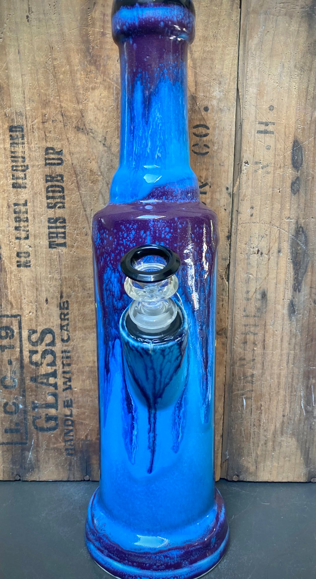 Ceramic Care Bear Bong in Blue and Purple with a Unique Drip Design and Clear Bowl