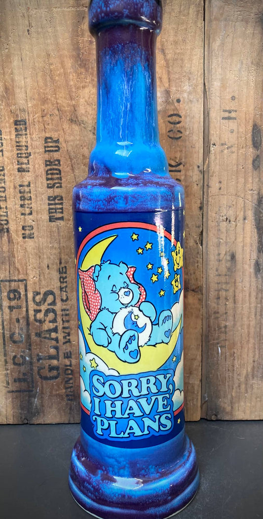 Ceramic Care Bear Bong with colorful design featuring a Care Bear and the phrase Sorry I Have Plans