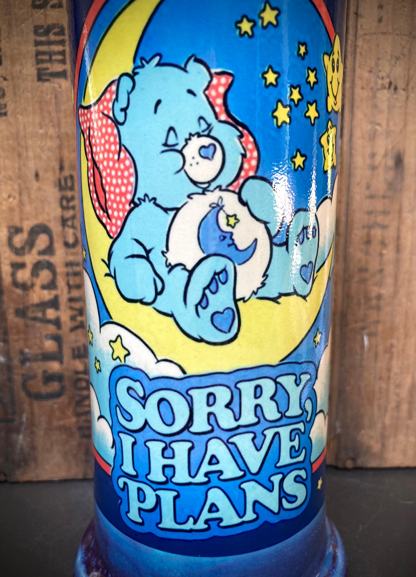 Ceramic Care Bear Bong featuring colorful designs and whimsical 'Sorry, I Have Plans' text