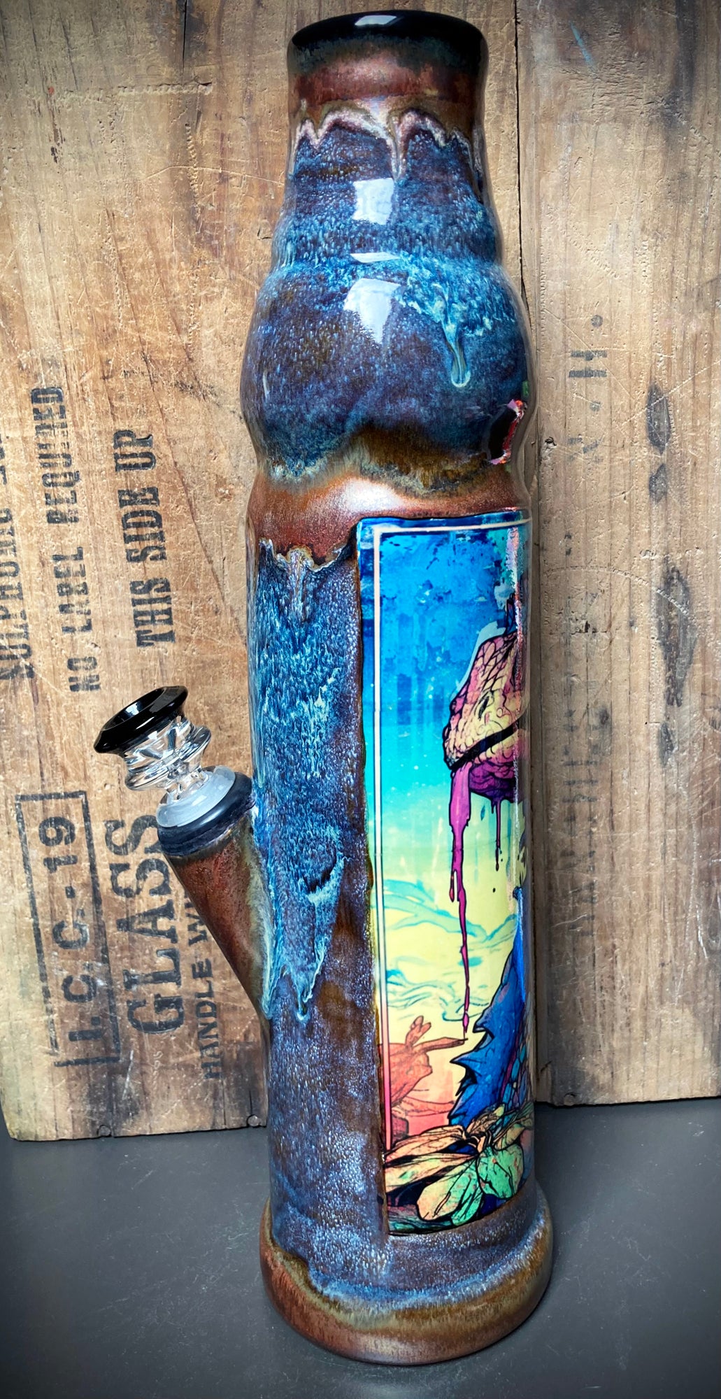 Ceramic dragon bong by Berkshire Bong Company with colorful artistic design and clear bowl