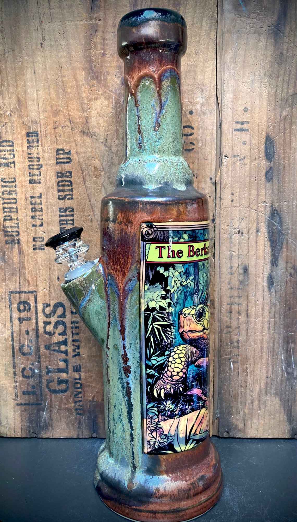 Nature Lover Ceramic Water Pipe Forest Turtle Bong green brown glazed tall ceramic tube with turtle decal and glass bowl