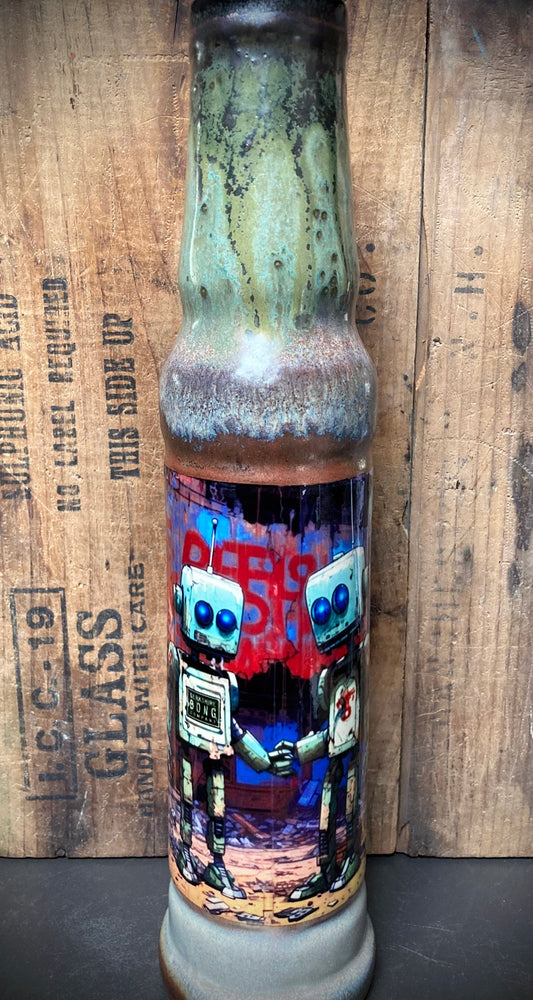 Futuristic robot character featured on hand-glazed ceramic bong.